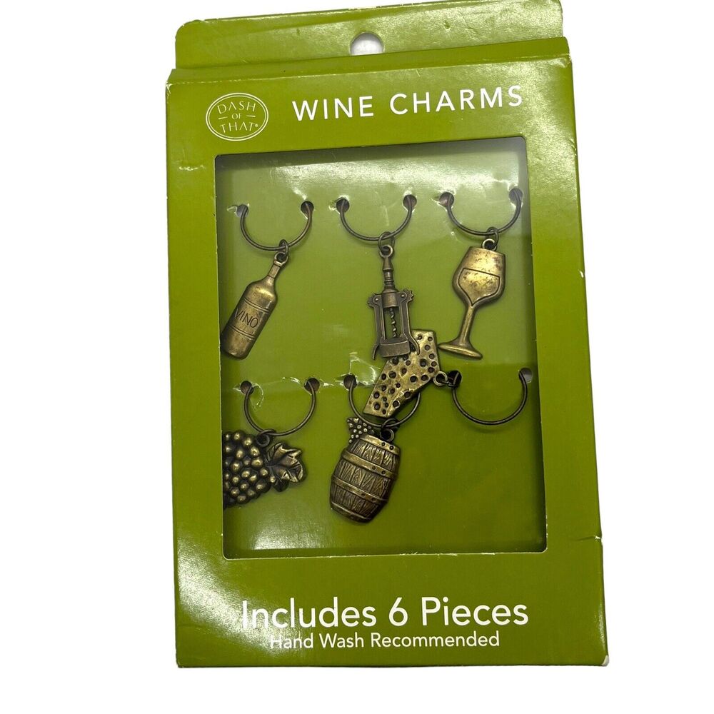 Wine Charms Dash of That 6pc Vintage Brass Color NWT Cheese Barrel Grapes Cork